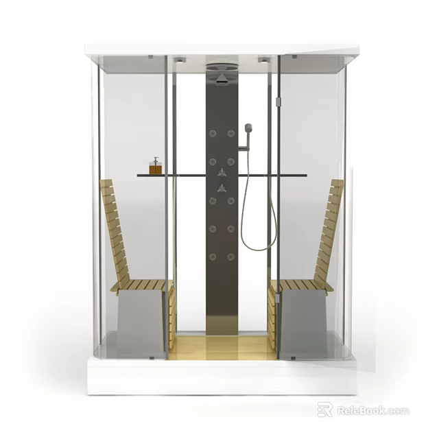 Modern Shower Sauna Interior Design With Glass Walls Wooden Benches And Shower Fixtures 3d model 