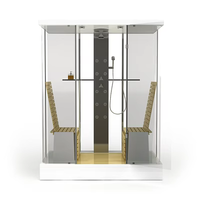 Modern Shower Sauna Interior Design With Glass Walls Wooden Benches And Shower Fixtures 3d model