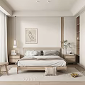 Modern Bedroom Interior With Wooden Bed Nightstands Wall Art Curtains Rug And Plant