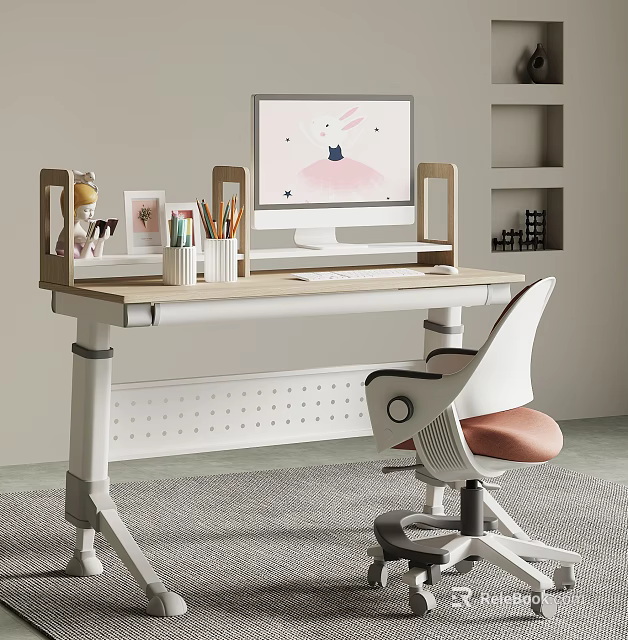 Kids Study Desk With Adjustable Height Cartoon Monitor Colored Pencils And Pink Cushion Chair 3d model 