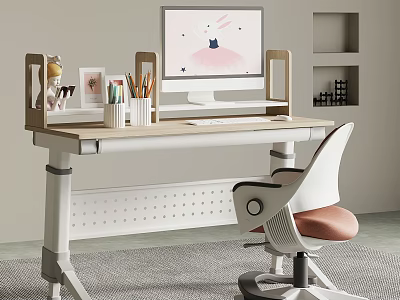 Kids Study Desk With Adjustable Height Cartoon Monitor Colored Pencils And Pink Cushion Chair 3d model