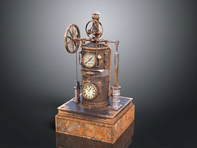 Vintage Steampunk Mechanical Device With Brass Gears Clocks And Rustic Base 3d model