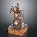 Vintage Steampunk Mechanical Device With Brass Gears Clocks And Rustic Base