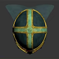 Ancient Green And Gold Decorative Helmet With Red Accents And Gold Trim