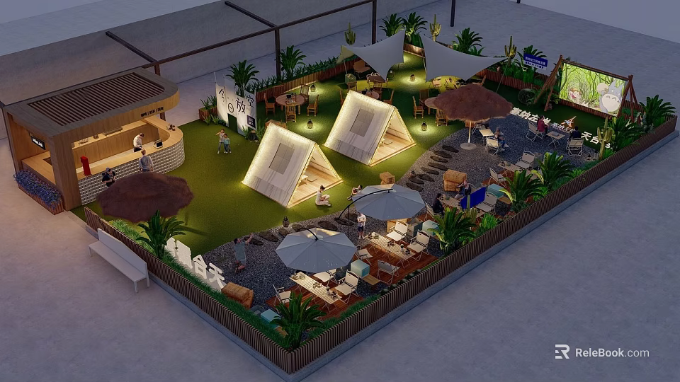 Garden Landscape Design With Tents Umbrellas Seating Areas Green Plants And Lighting 3d model 