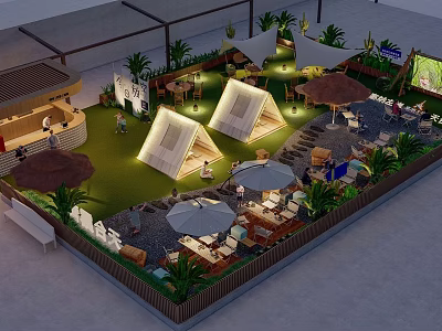 Garden Landscape Design With Tents Umbrellas Seating Areas Green Plants And Lighting 3d model