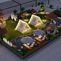 Garden Landscape Design With Tents Umbrellas Seating Areas Green Plants And Lighting