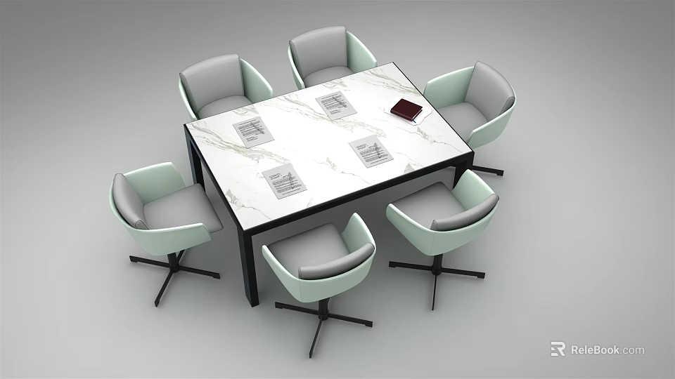 Modern Conference Table With Marble Top And Six Light Gray Upholstered Chairs 3d model 