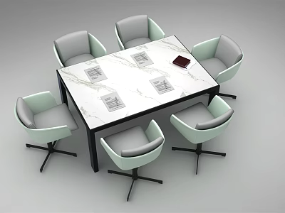 Modern Conference Table With Marble Top And Six Light Gray Upholstered Chairs 3d model