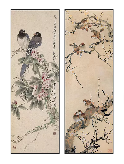 Traditional Chinese Animal Paintings with Birds on Flowering and Bare Branches and Pink Flowers 3d model