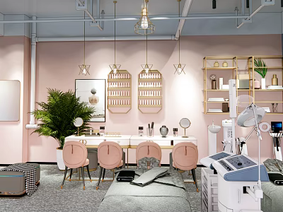 Elegant Beauty Salon Interior With Pink Walls Tables Chairs Green Plants And Equipment 3d model