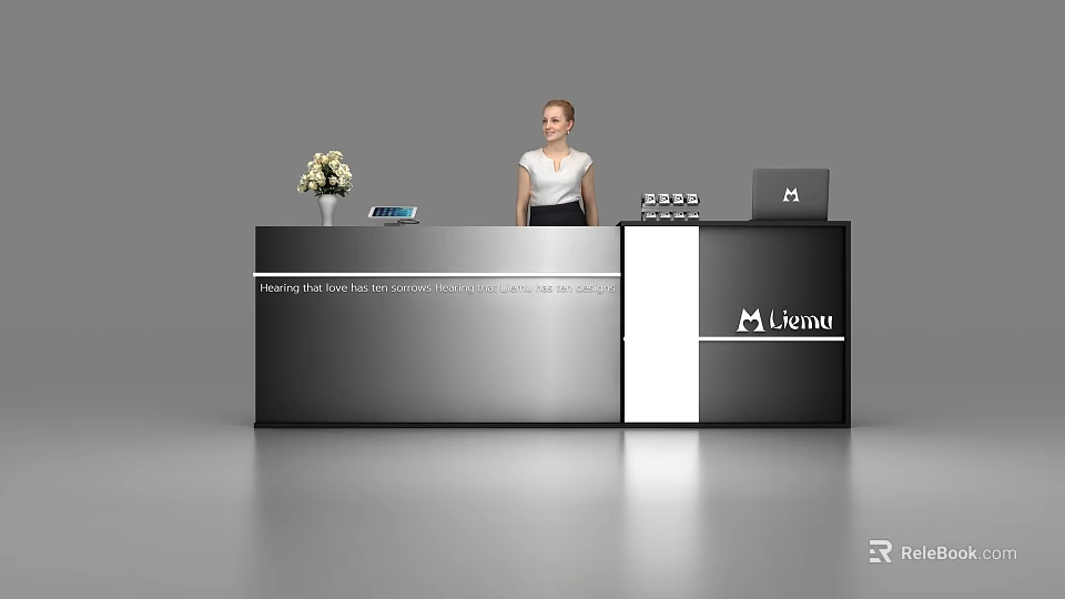 Modern Reception Desk Interior Design With Female Staff Flower Vase And Laptop 3d model 