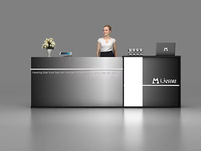 Modern Reception Desk Interior Design With Female Staff Flower Vase And Laptop 3d model