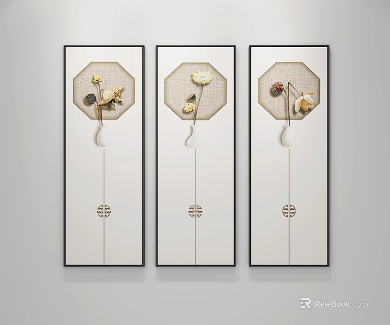 Three Panel Decorative Wall Art With Octagonal Dried Flower Design And Vertical Accents 3d model