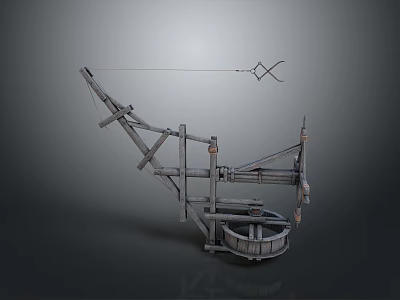 Ancient Medieval Siege Weapon Wooden Catapult With Mechanical Arm And Projectile Structure 3d model