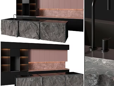 Dark Modern Kitchen Interior Design With Black Cabinets Marble Countertop And Island 3d model
