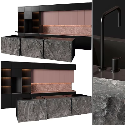 Dark Modern Kitchen Interior Design With Black Cabinets Marble Countertop And Island 3d model