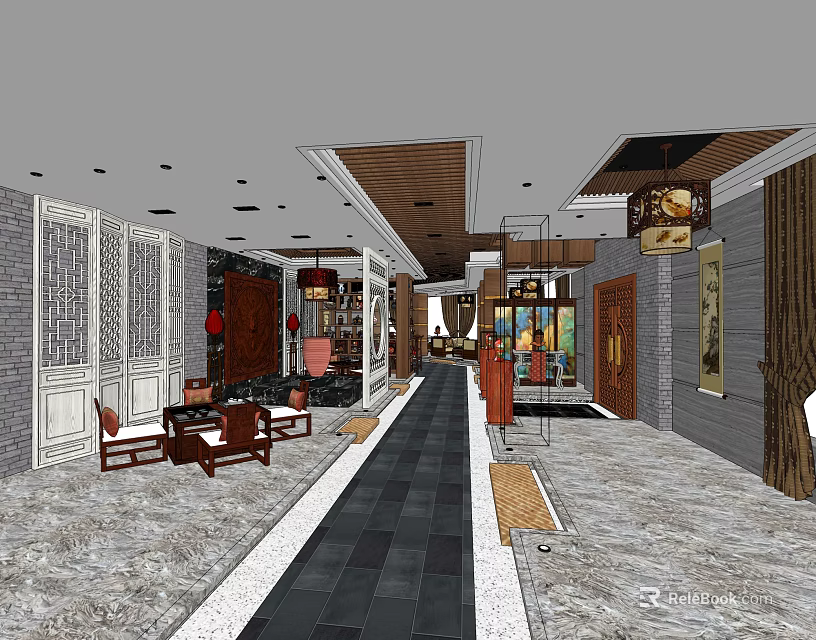 Traditional Tea House Interior Design With Wooden Structures Brick Walls And Hanging Lanterns 3d model 