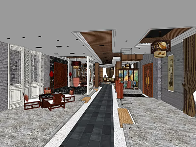 Traditional Tea House Interior Design With Wooden Structures Brick Walls And Hanging Lanterns 3d model