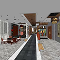 Traditional Tea House Interior Design With Wooden Structures Brick Walls And Hanging Lanterns