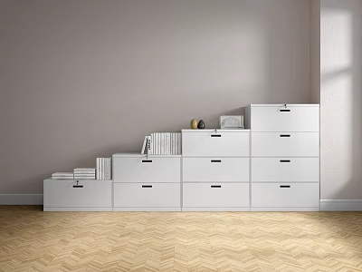 Modern White Bookcase With Shelves Drawers And Books On Wooden Floor 3d model