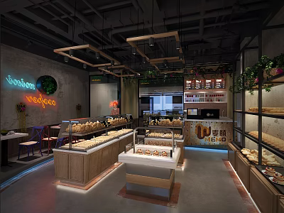 Dessert Shop Interior With Display Cases Fresh Pastries Neon Sign Green Plants And Wooden Counters 3d model