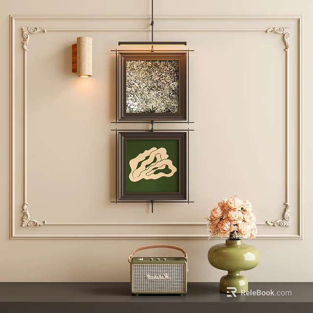 Abstract Paintings On Decorative Wall With Wall Lamp Green Vase And Pink Flowers 3d model 