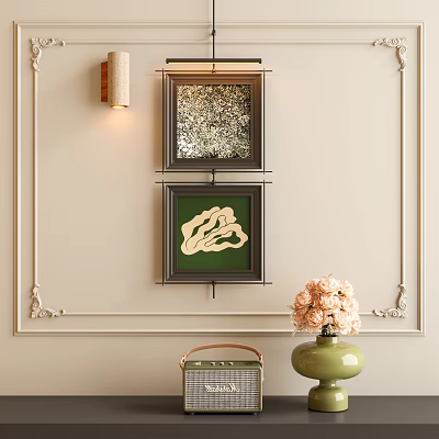 Abstract Paintings On Decorative Wall With Wall Lamp Green Vase And Pink Flowers 3d model
