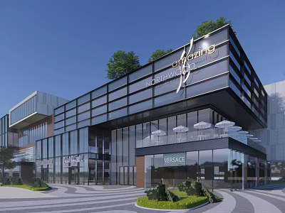 Modern Commercial Building With Glass Facade Rooftop Greenery Brand Shops And Open Plaza 3d model