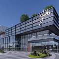 Modern Commercial Building With Glass Facade Rooftop Greenery Brand Shops And Open Plaza
