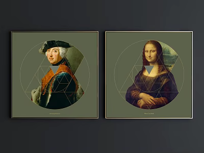 Two Framed Portrait Paintings With Geometric Line Decor And Classic Figures 3d model