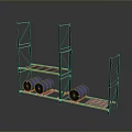 Scenic View Of Industrial Landscape With Metal Shelves Blue Barrels And Pallets
