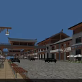 Traditional Architecture Commercial Street Evening Scene With Illuminated Lights Shops Cars And Benches