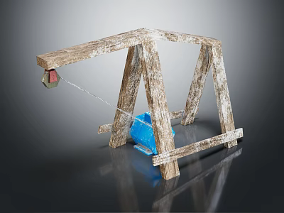 Wooden Frame Structure With Blue Stone Block And Red Hook Component 3d model