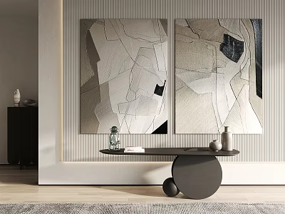 Modern Interior With Abstract Wall Paintings Black Table And Ornaments 3d model