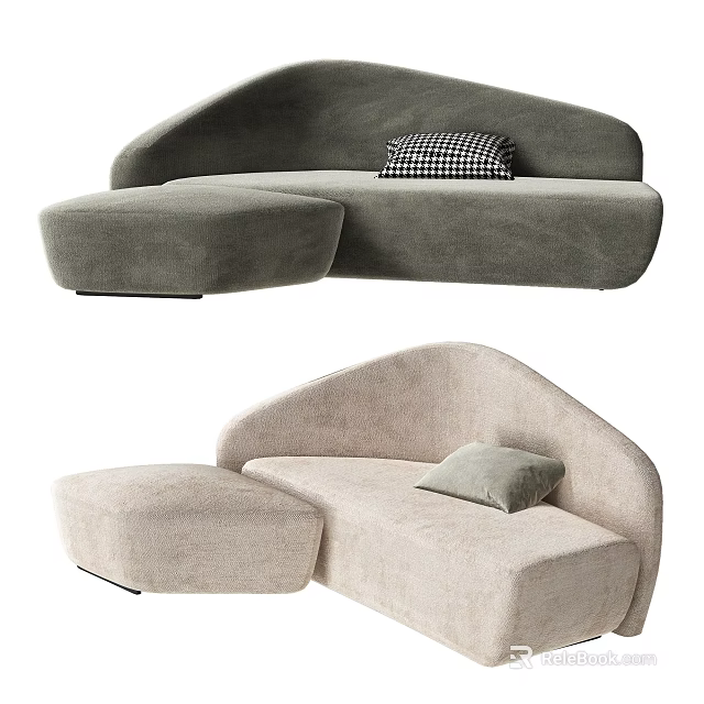 Gray and Beige Curved Sectional Sofa With Plush Accent Pillows and Ottoman 3d model 