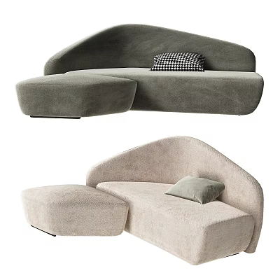 Gray and Beige Curved Sectional Sofa With Plush Accent Pillows and Ottoman 3d model