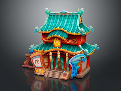 Traditional Chinese Architecture With Green Tile Roof Decorative Eaves Lanterns Dragon Ornament And Sign 3d model