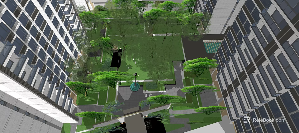 Residential Landscape With High Rise Buildings Lush Trees And Central Green Space 3d model 