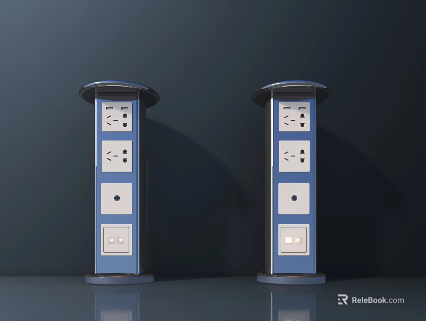 Two Blue Column Style Switch Panels With Multiple Sockets Switches Silver Base And Dark Background 3d model