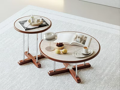Modern Nested Round Coffee Tables With Marble Tops Wooden Cross Legs Coffee Cup And Book 3d model