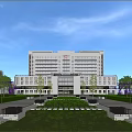 Modern Hospital Building Exterior With Spacious Entrance Landscaped Plaza And Clear Blue Sky