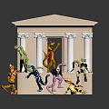 Man With Colorful Toy Figures Near Classical Columned Building