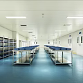 Cleanroom Interior With White Walls Blue Flooring Metal Workbench And Storage Cabinets
