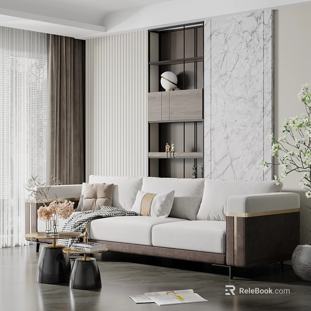 Elegant Modern White Three-Seater Sofa With Side Table Flowers Bookshelf Marble Wall And Curtains 3d model 
