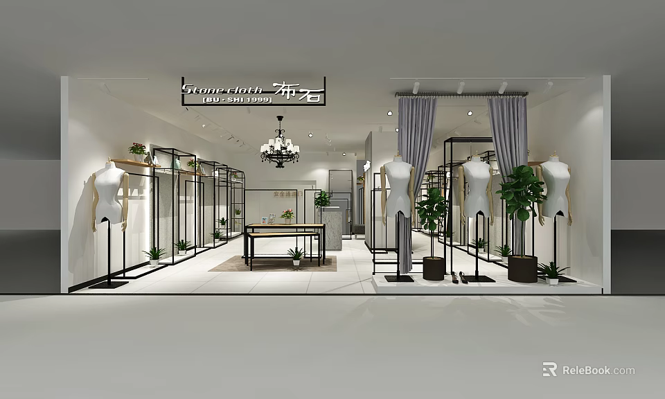 Luxury Clothing Store Interior With Modern Display Racks Mannequins And Chandelier Plants 3d model 