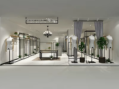 Luxury Clothing Store Interior With Modern Display Racks Mannequins And Chandelier Plants 3d model