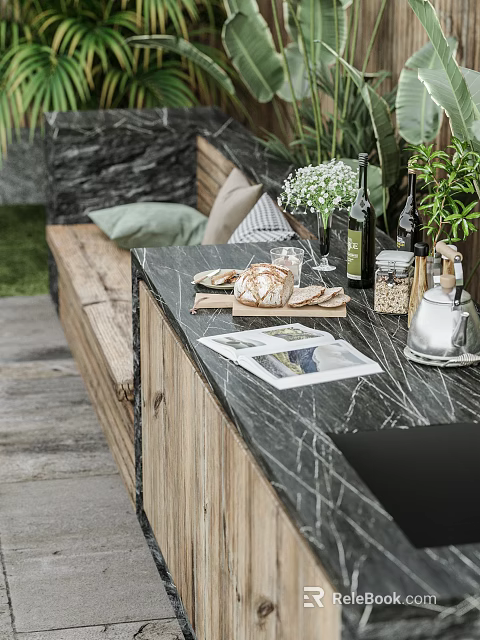 Delicious Bread On Marble Outdoor Kitchen Counter 3d model 