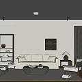 Minimalist Living Room Interior With Beige Sofa Black Round Coffee Table Bookshelf And Wall Painting