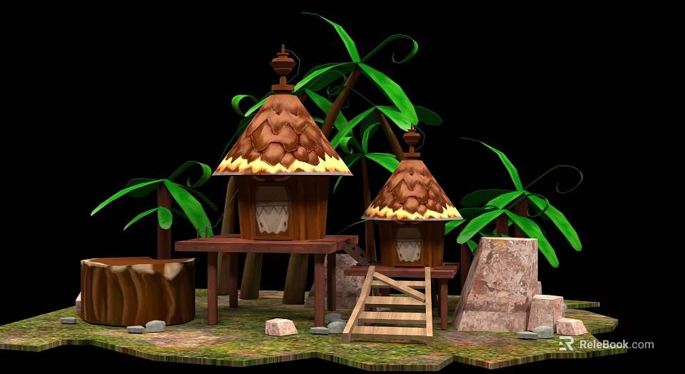 Cartoon Scene With Two Thatched Huts Palm Trees Rocks And Wooden Stairs 3d model 
